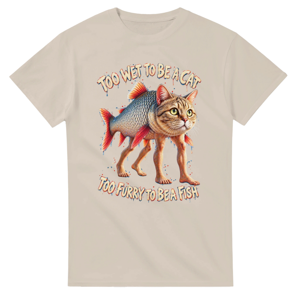 Sand t-shirt printed with Trulimero Trulichina and the words Too wet to be a cat, too furry to be a fish, front view