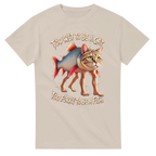 Sand t-shirt printed with Trulimero Trulichina and the words Too wet to be a cat, too furry to be a fish, front view