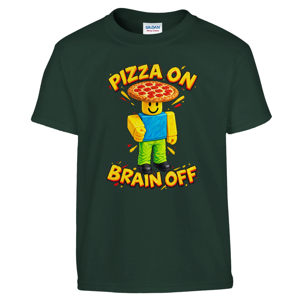 Noobini Pizzanini print on a forest green kids t-shirt, front view