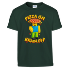 Noobini Pizzanini print on a forest green kids t-shirt, front view