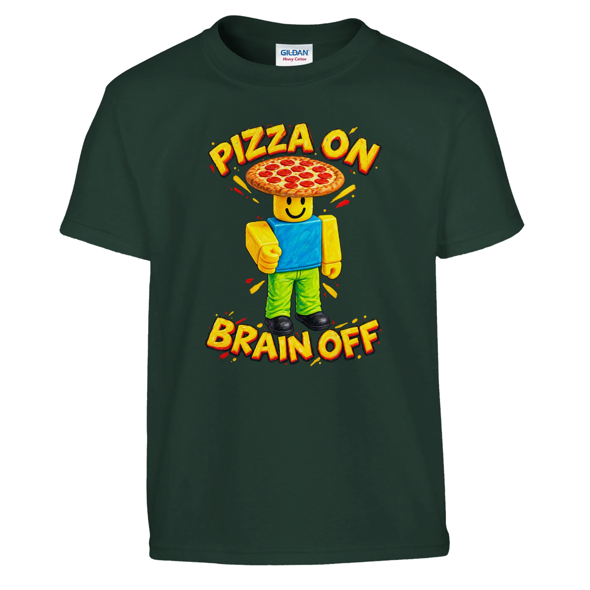 Noobini Pizzanini print on a forest green kids t-shirt, front view