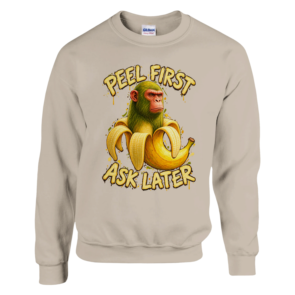 Chimpanzini Bananini print on a sand crewneck sweatshirt, front view
