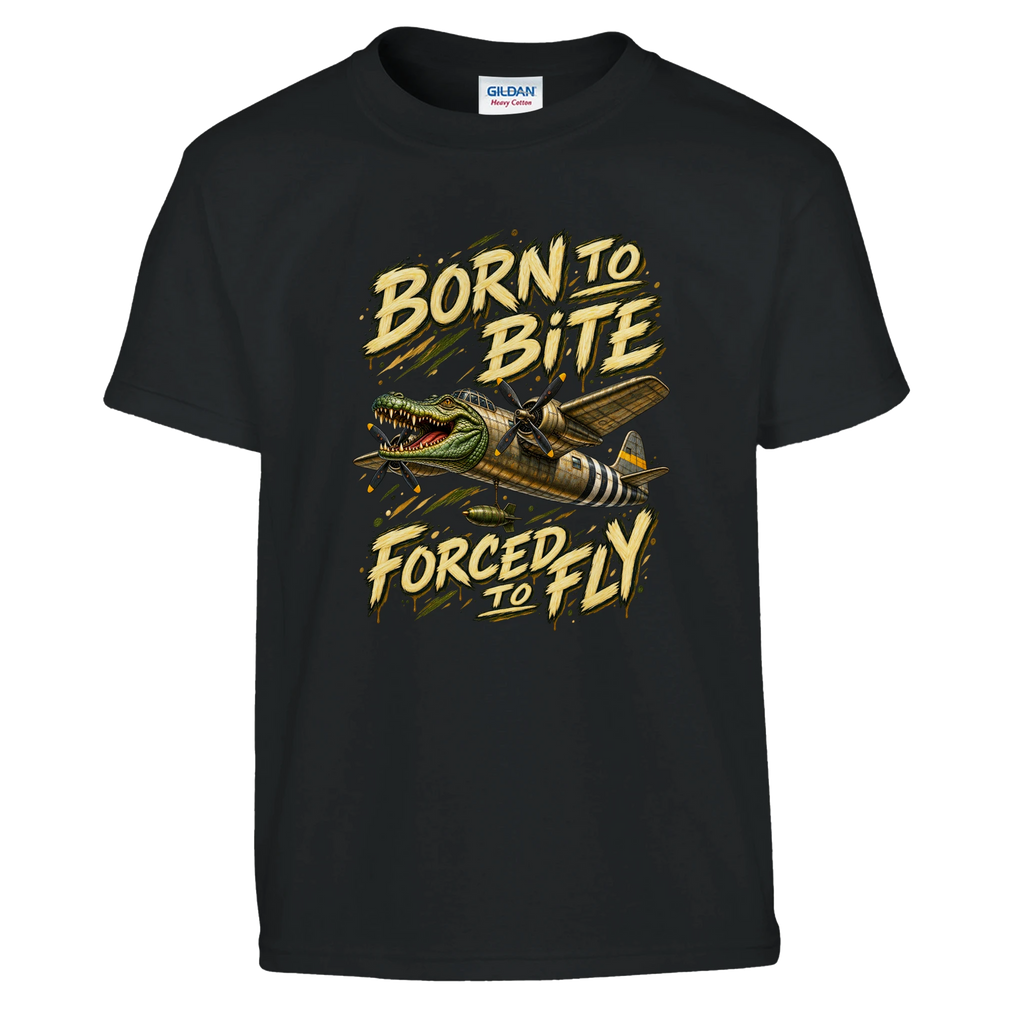 Bombardino Crocodilo print on a black kids t-shirt, front view