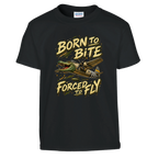 Bombardino Crocodilo print on a black kids t-shirt, front view