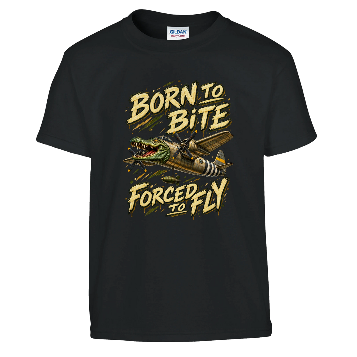 Bombardino Crocodilo print on a black kids t-shirt, front view