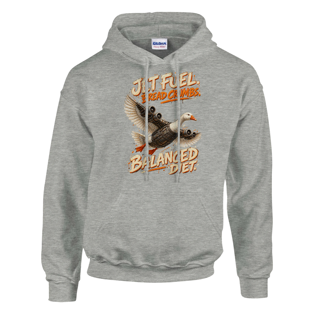 Bombombini Gusini print on an ash grey pullover hoodie, front view