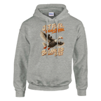 Bombombini Gusini print on an ash grey pullover hoodie, front view