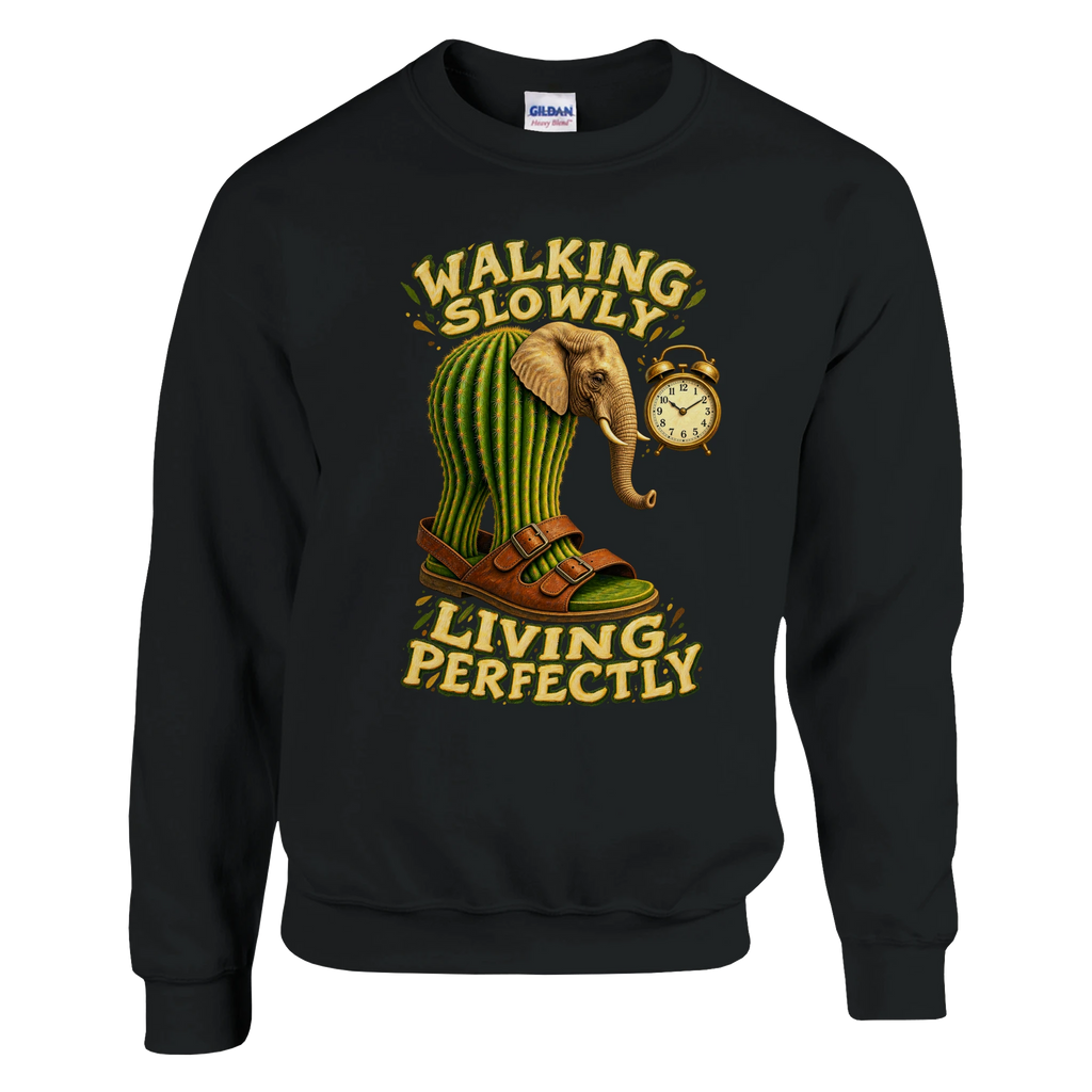 Lirili Larila print on a black crewneck sweatshirt, front view