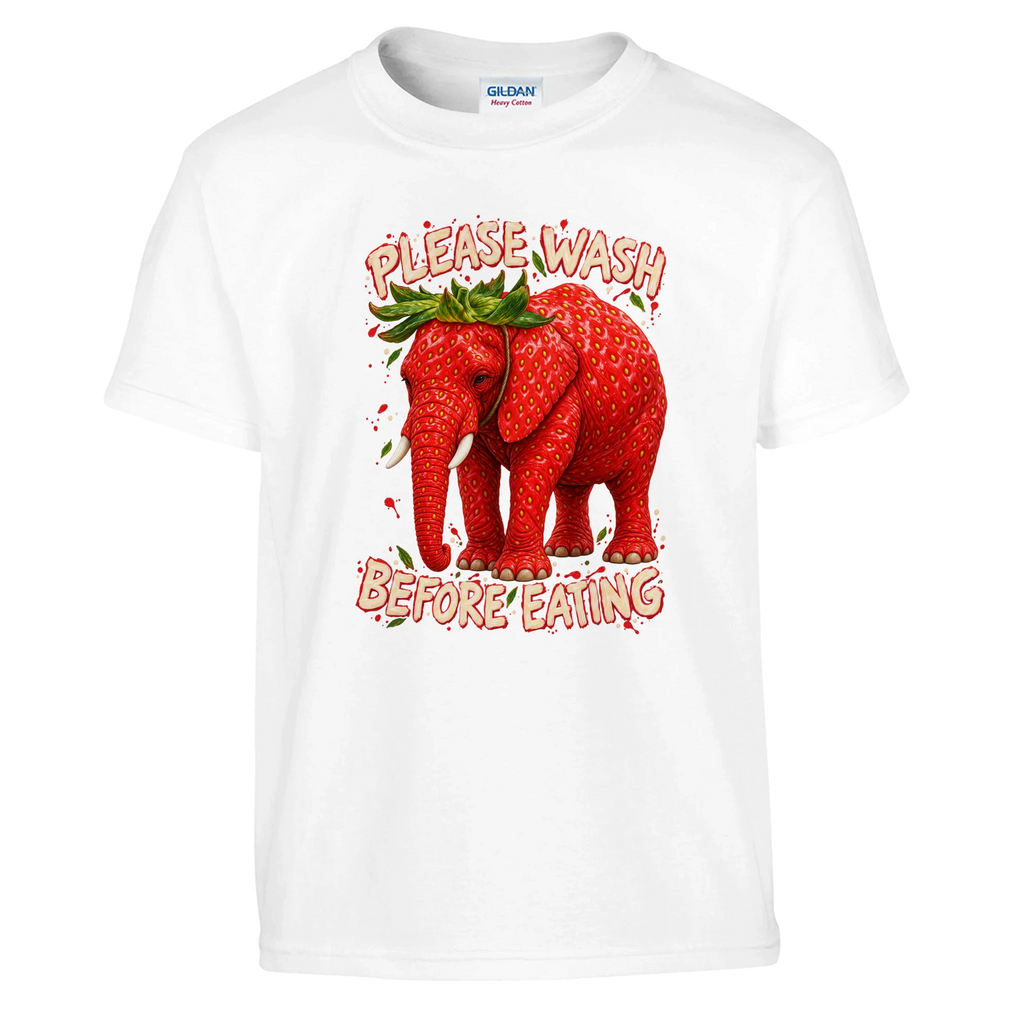 Strawberry Elephant print on a white kids t-shirt, front view