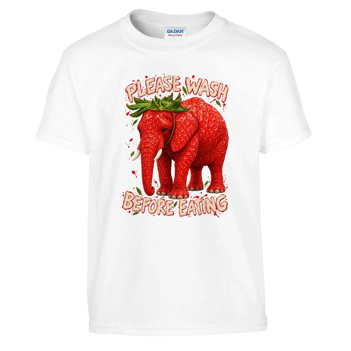 Strawberry Elephant print on a white kids t-shirt, front view