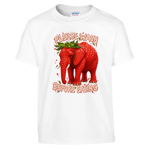 Strawberry Elephant print on a white kids t-shirt, front view