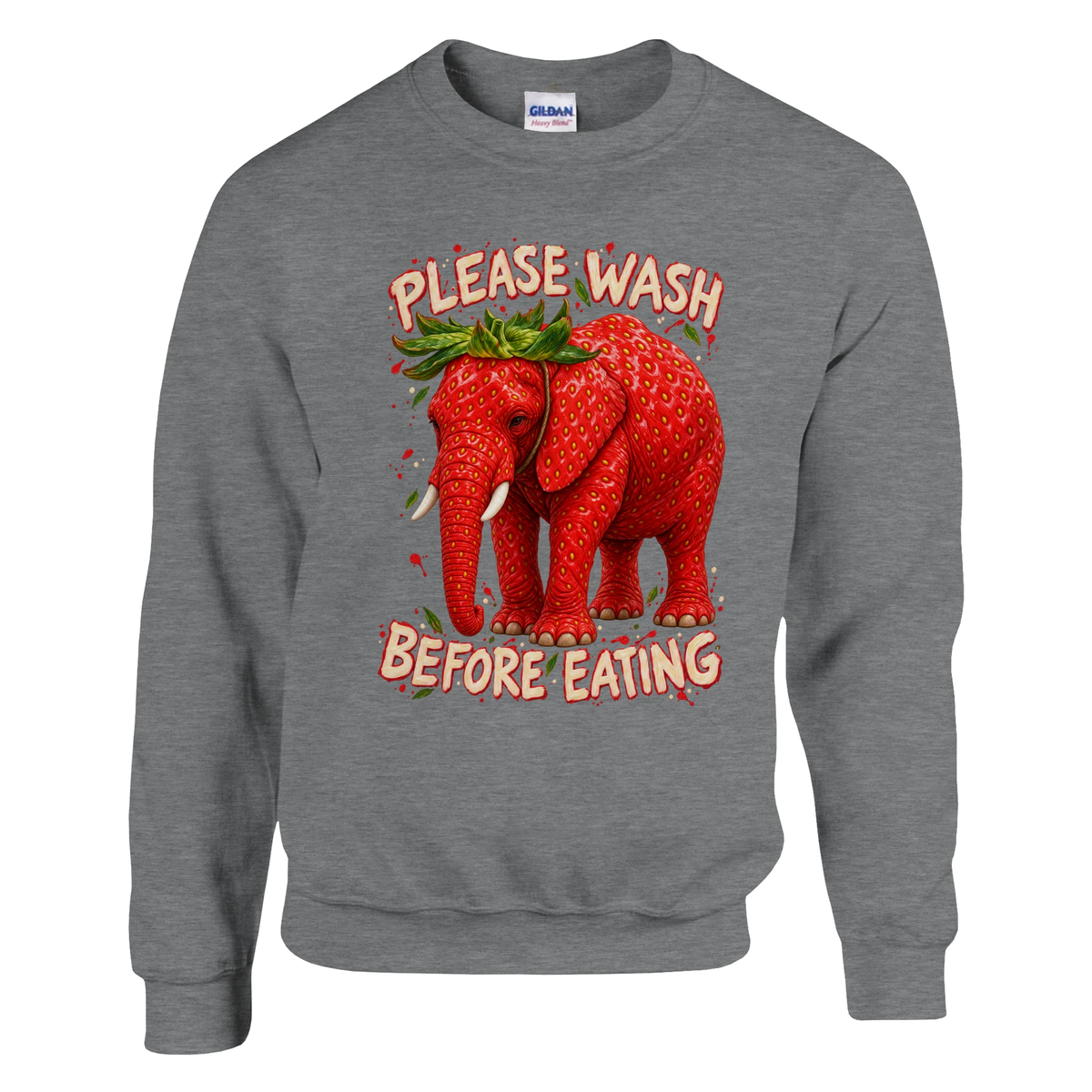 Strawberry Elephant print on a sport grey crewneck sweatshirt, front view