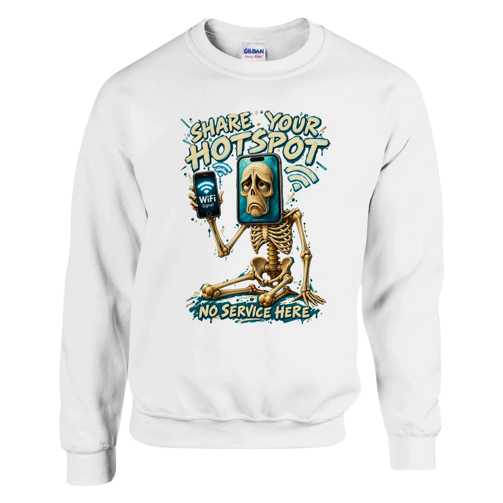 Pot Hotspot print on a white crewneck sweatshirt, front view