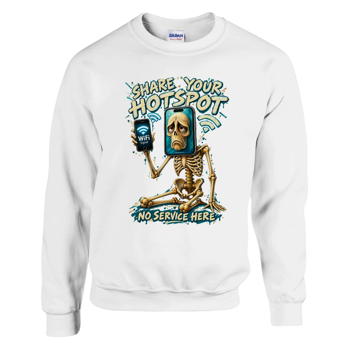 Pot Hotspot print on a white crewneck sweatshirt, front view
