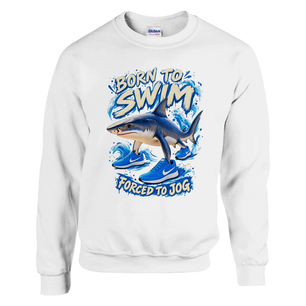Tralalero Tralala print on a white crewneck sweatshirt, front view