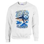 Tralalero Tralala print on a white crewneck sweatshirt, front view