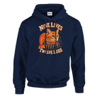 Trippi Troppi print on a navy pullover hoodie, front view