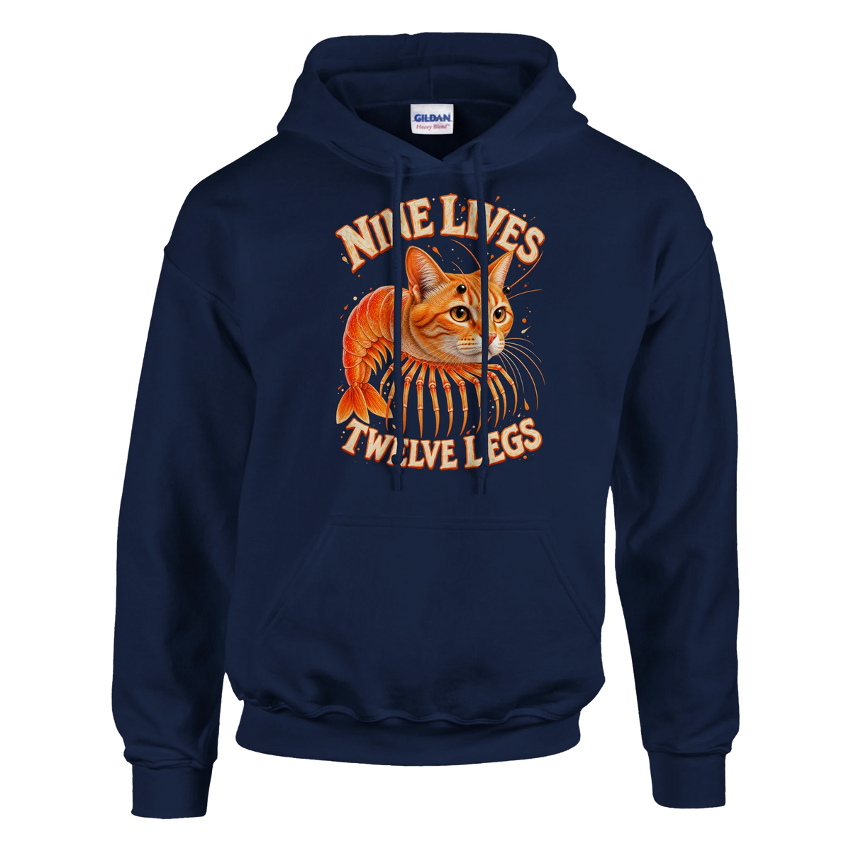 Trippi Troppi print on a navy pullover hoodie, front view