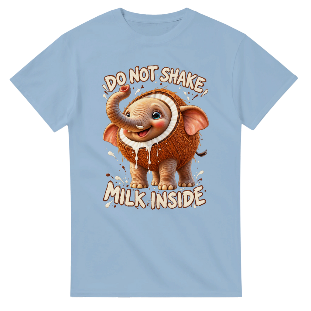 Light Blue t-shirt printed with Cocofanto Elefanto and the words Do not shake, milk inside, front view