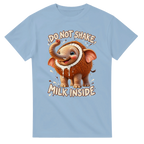 Light Blue t-shirt printed with Cocofanto Elefanto and the words Do not shake, milk inside, front view