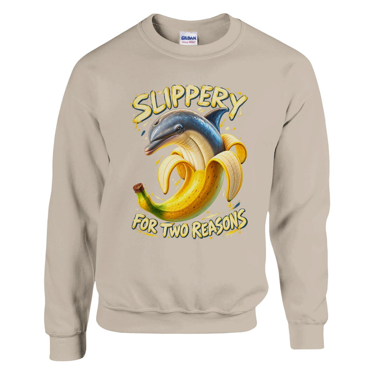Bananita Dolphinita print on a sand crewneck sweatshirt, front view