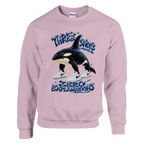 Orcalero Orcala print on a light pink crewneck sweatshirt, front view