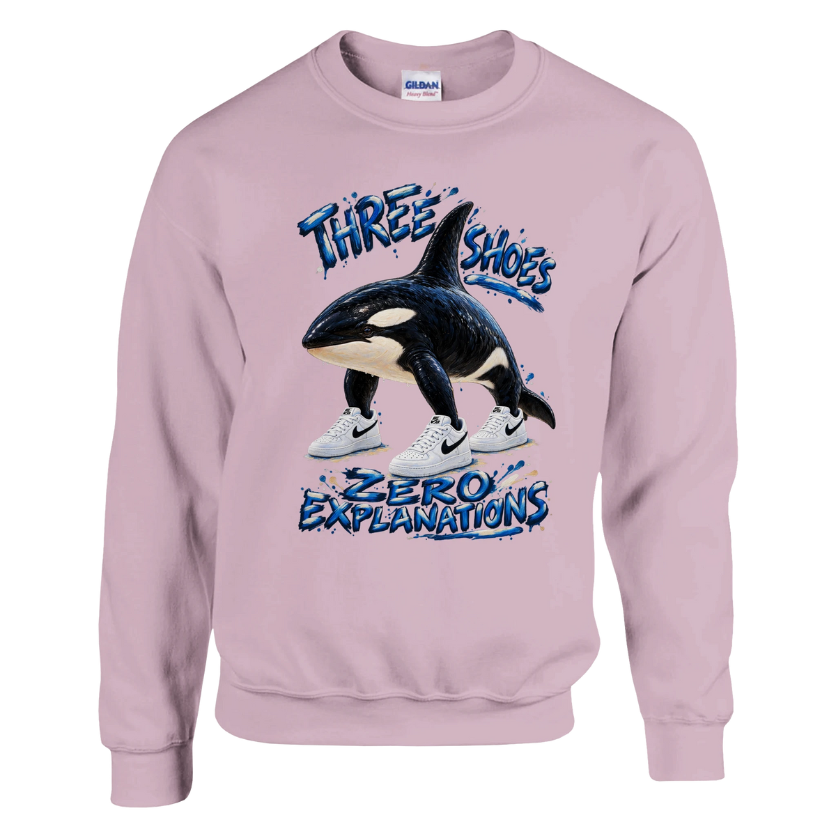 Orcalero Orcala print on a light pink crewneck sweatshirt, front view