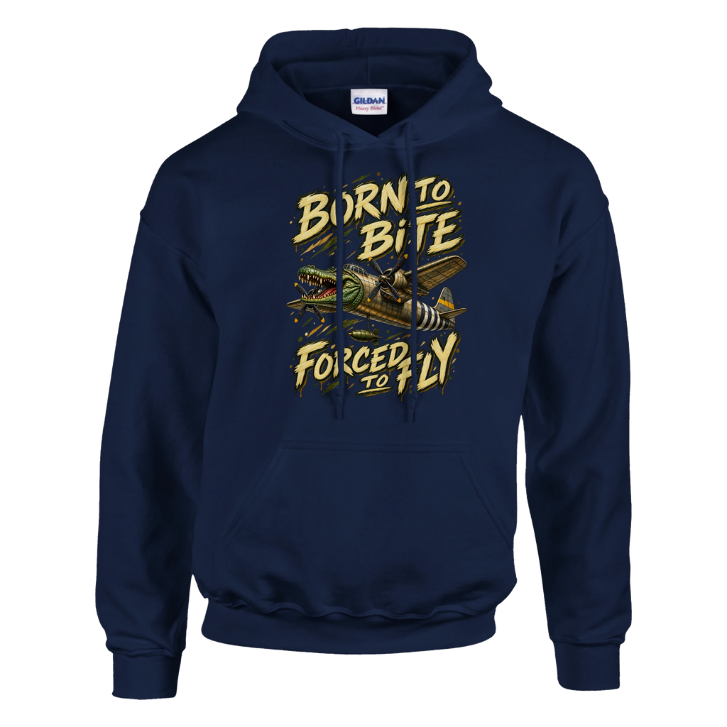 Bombardino Crocodilo print on a navy pullover hoodie, front view