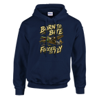 Bombardino Crocodilo print on a navy pullover hoodie, front view