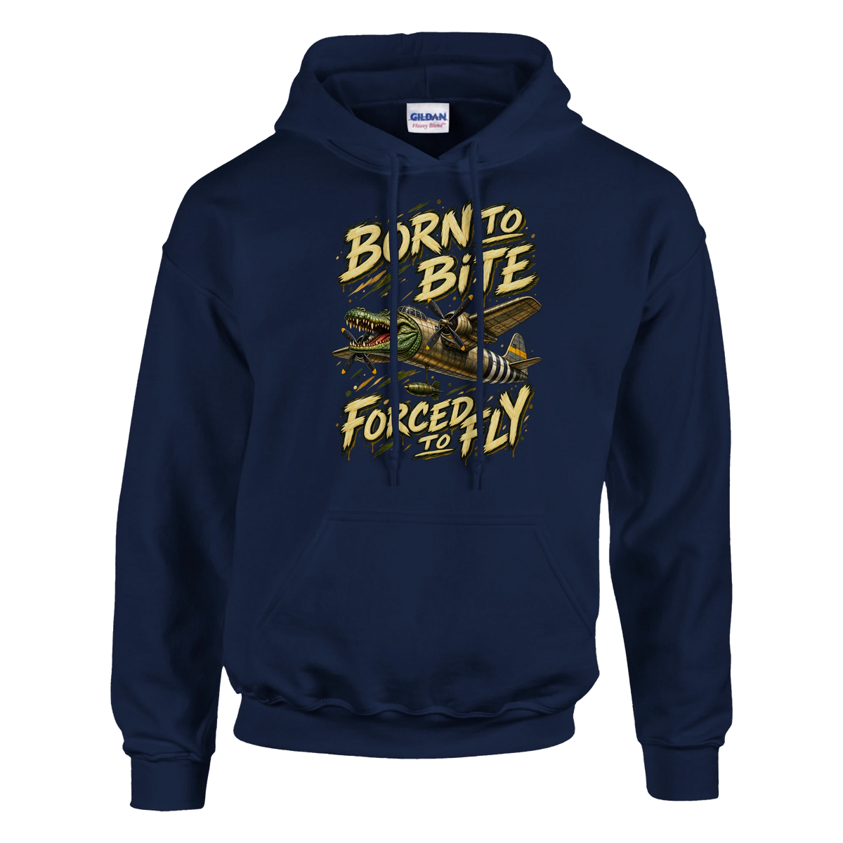 Bombardino Crocodilo print on a navy pullover hoodie, front view