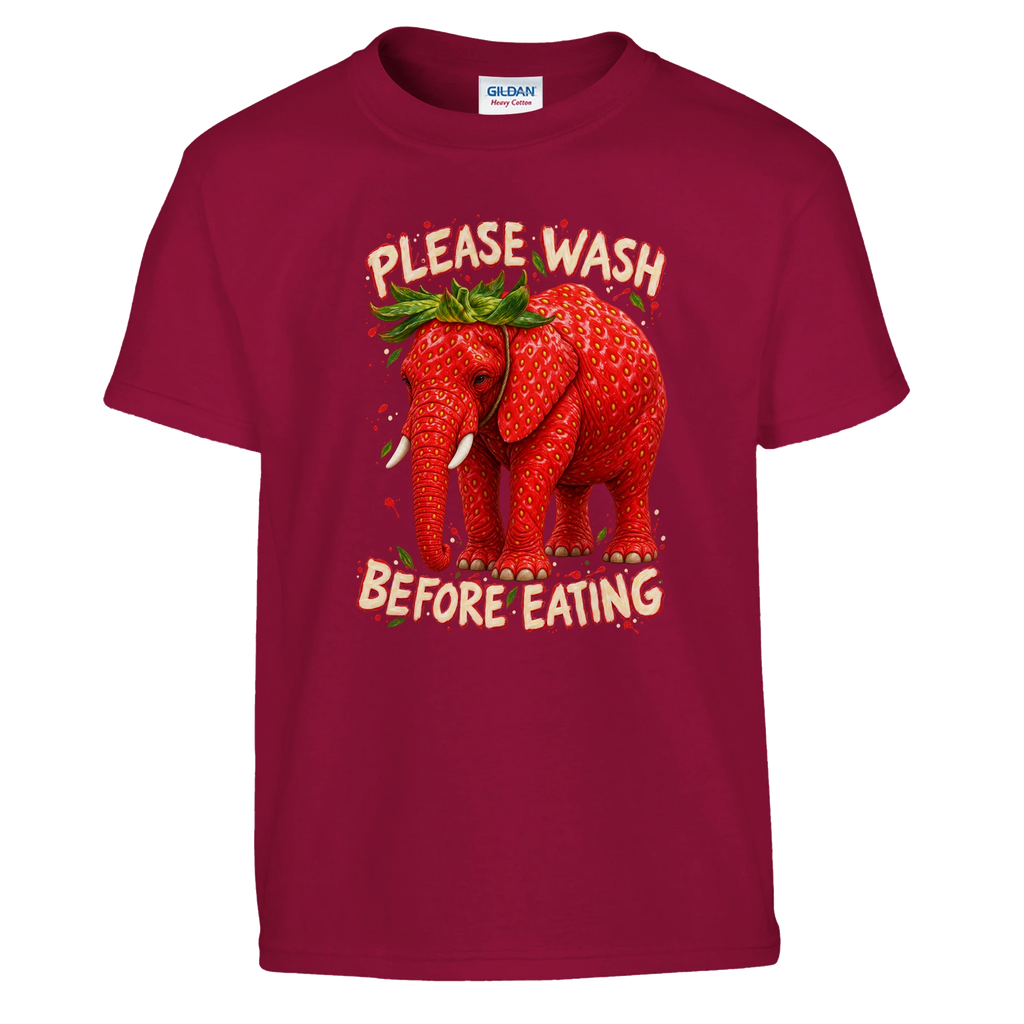 Strawberry Elephant print on a cardinal red kids t-shirt, front view