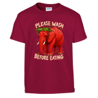 Strawberry Elephant print on a cardinal red kids t-shirt, front view