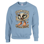 La Vaca Saturno Saturnita print on a light blue crewneck sweatshirt, front view