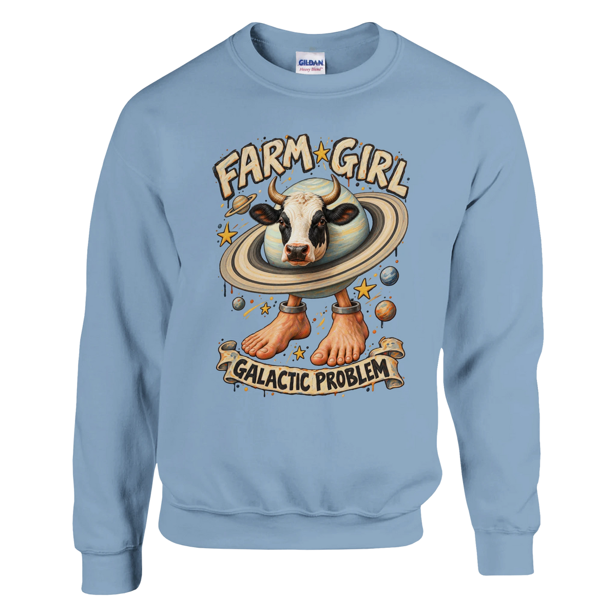La Vaca Saturno Saturnita print on a light blue crewneck sweatshirt, front view