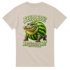 Sand t-shirt printed with Glorbo Fruttodrillo and the words Seedless? Absolutely not, front view