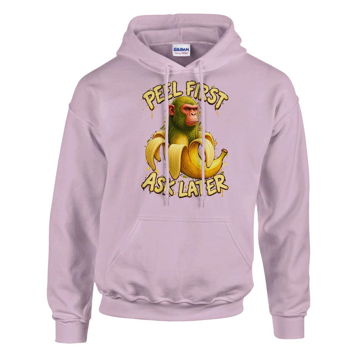 Chimpanzini Bananini print on a light pink pullover hoodie, front view