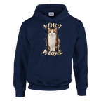 Meowl print on a navy pullover hoodie, front view