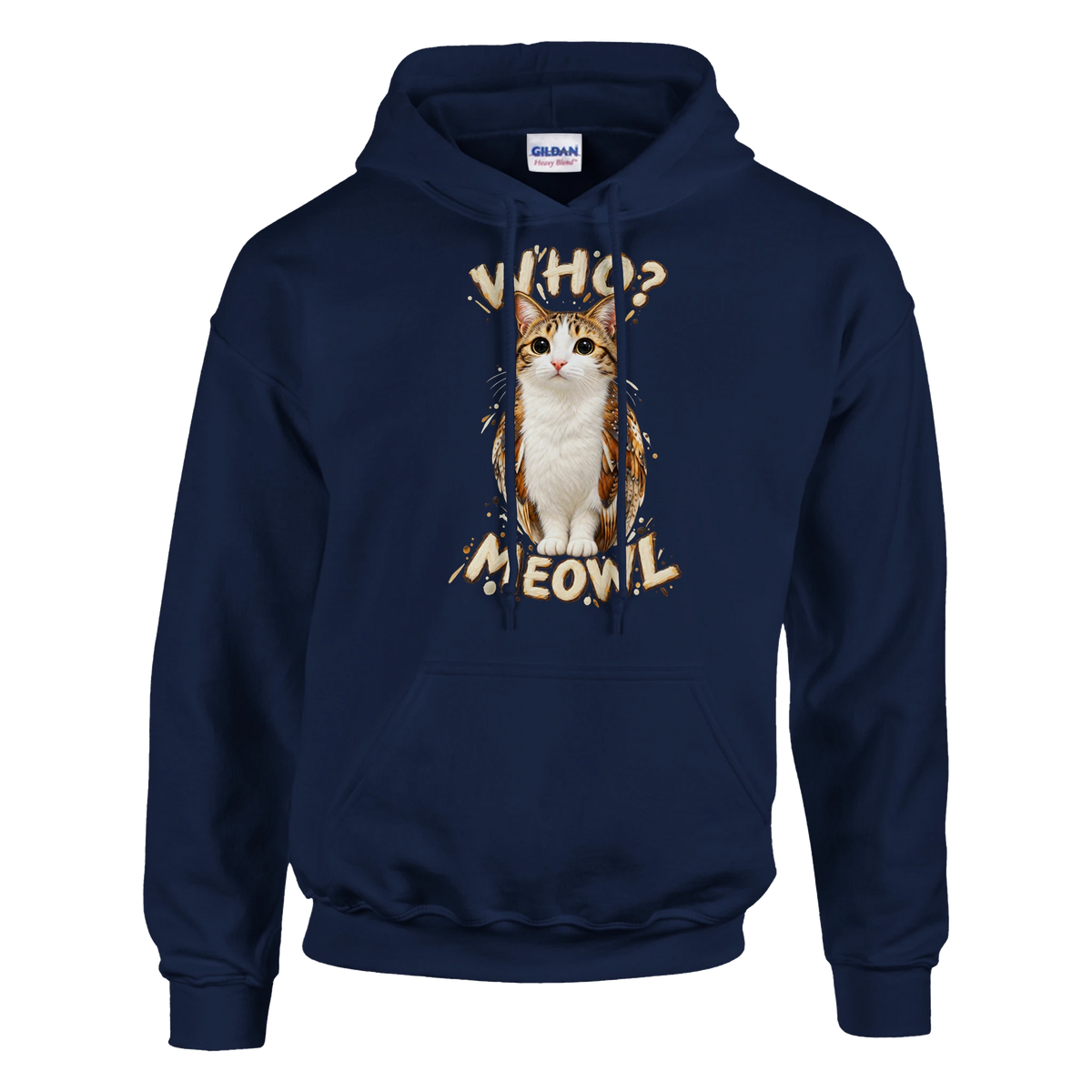 Meowl print on a navy pullover hoodie, front view