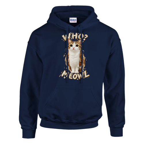 Meowl print on a navy pullover hoodie, front view