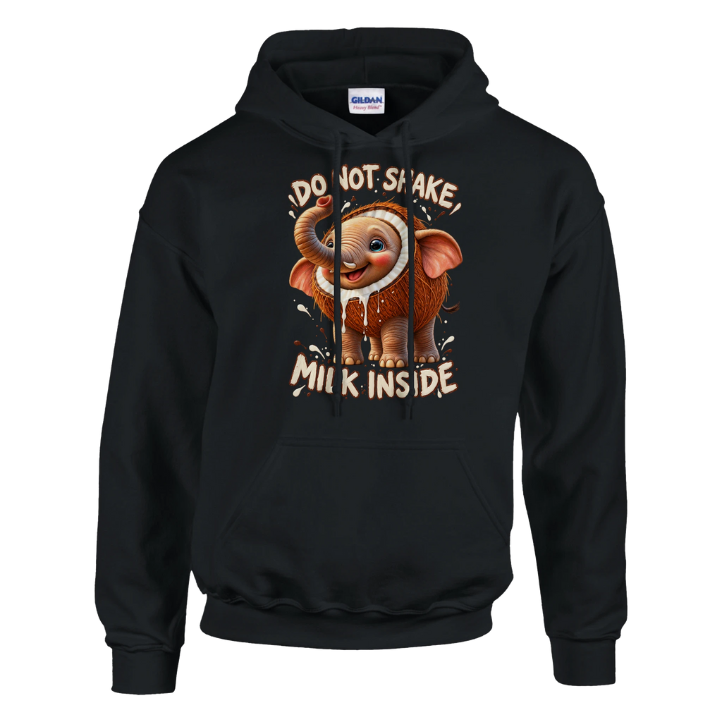 Cocofanto Elefanto print on a black pullover hoodie, front view