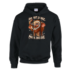 Cocofanto Elefanto print on a black pullover hoodie, front view