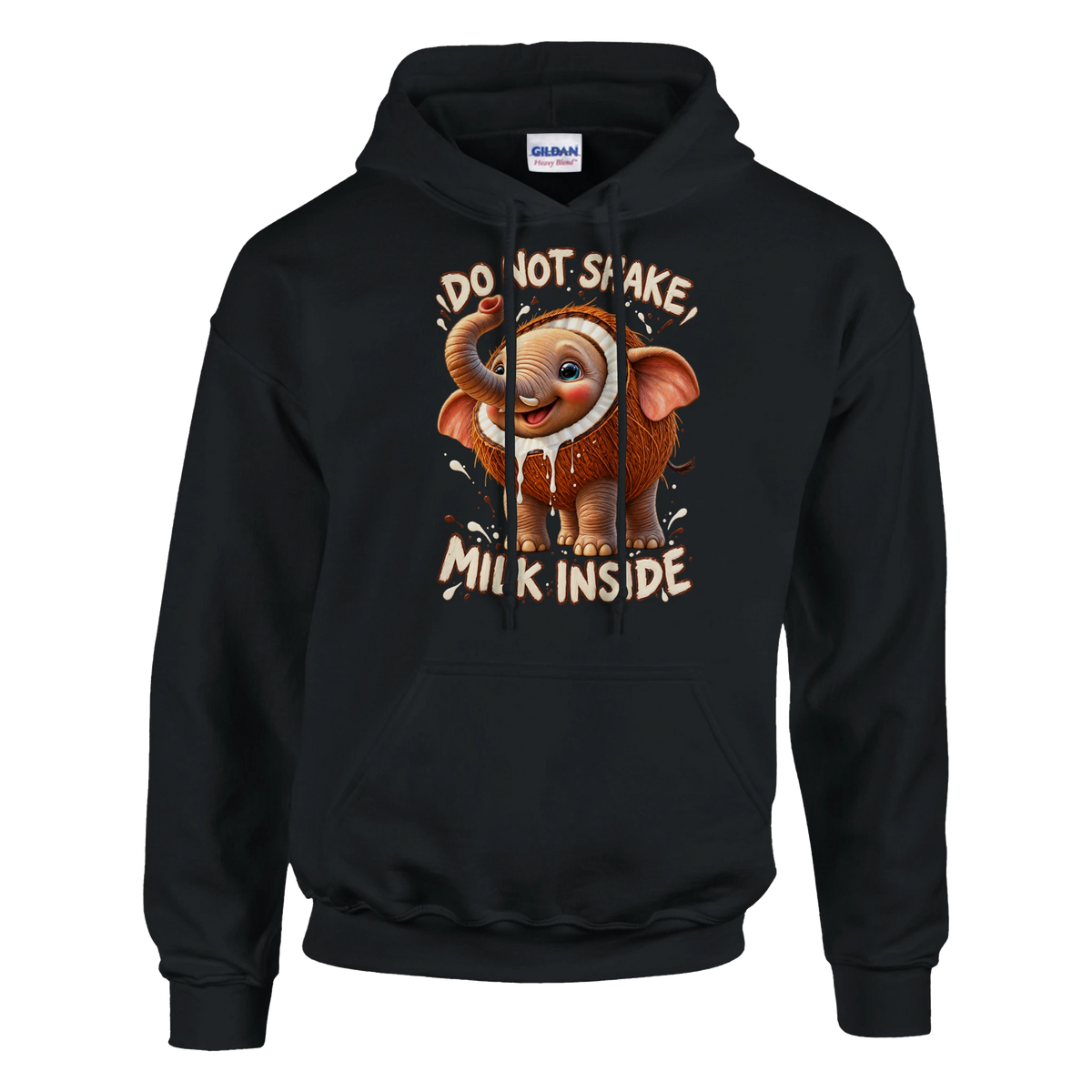 Cocofanto Elefanto print on a black pullover hoodie, front view