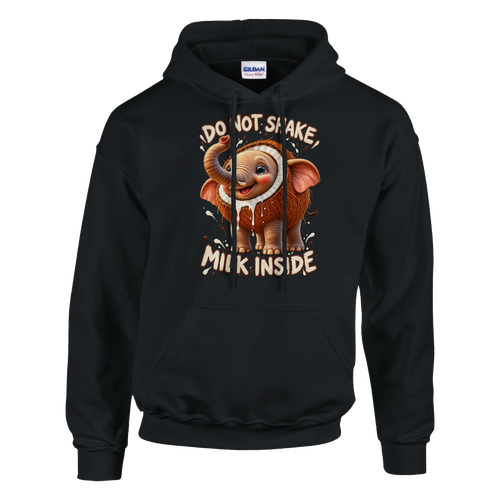 Cocofanto Elefanto print on a black pullover hoodie, front view