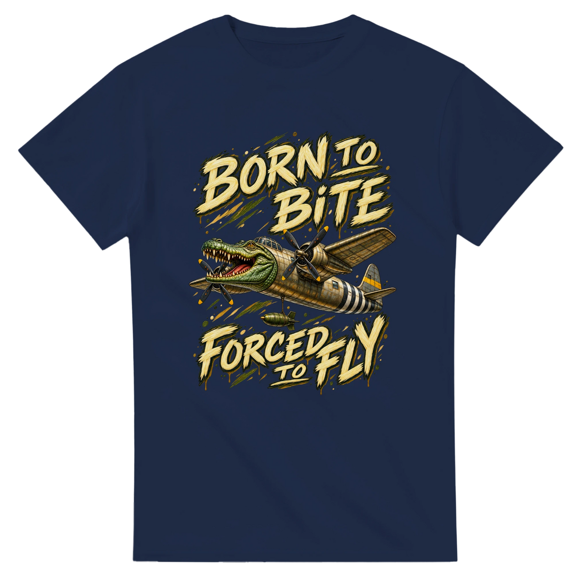 Navy t-shirt printed with Bombardino Crocodilo and the words Born to bite, forced to fly, front view