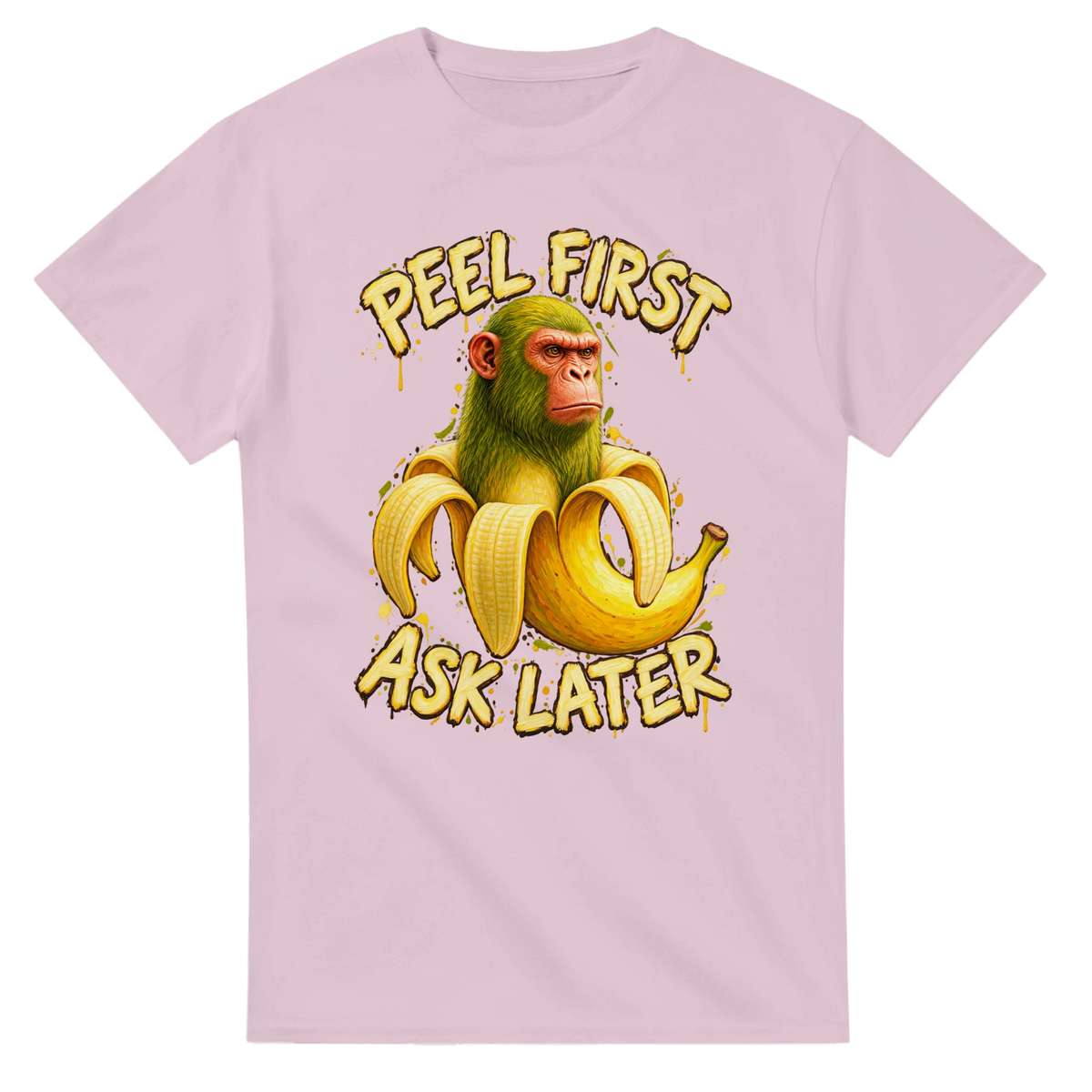 Light Pink t-shirt printed with Chimpanzini Bananini and the words Peel first, ask later, front view