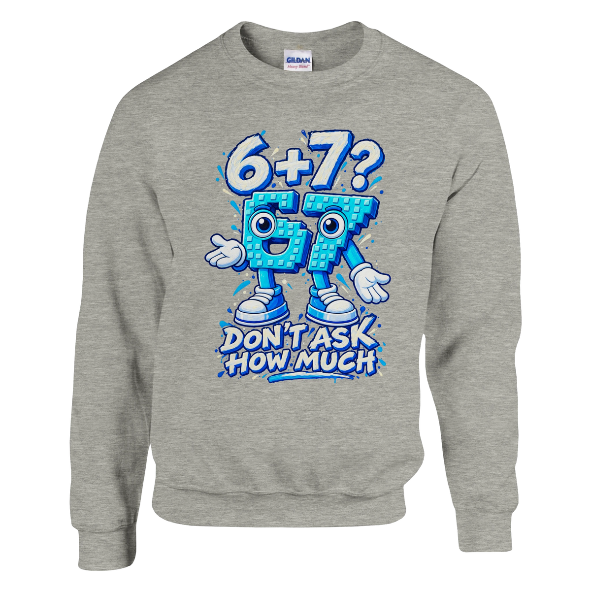67 print on an ash grey crewneck sweatshirt, front view