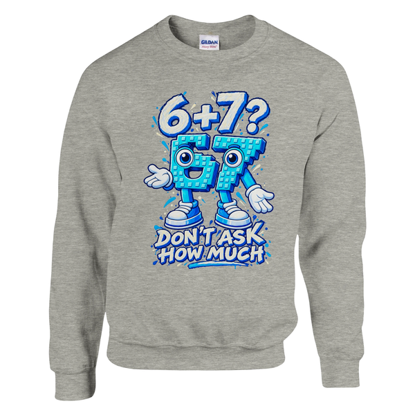 67 print on an ash grey crewneck sweatshirt, front view
