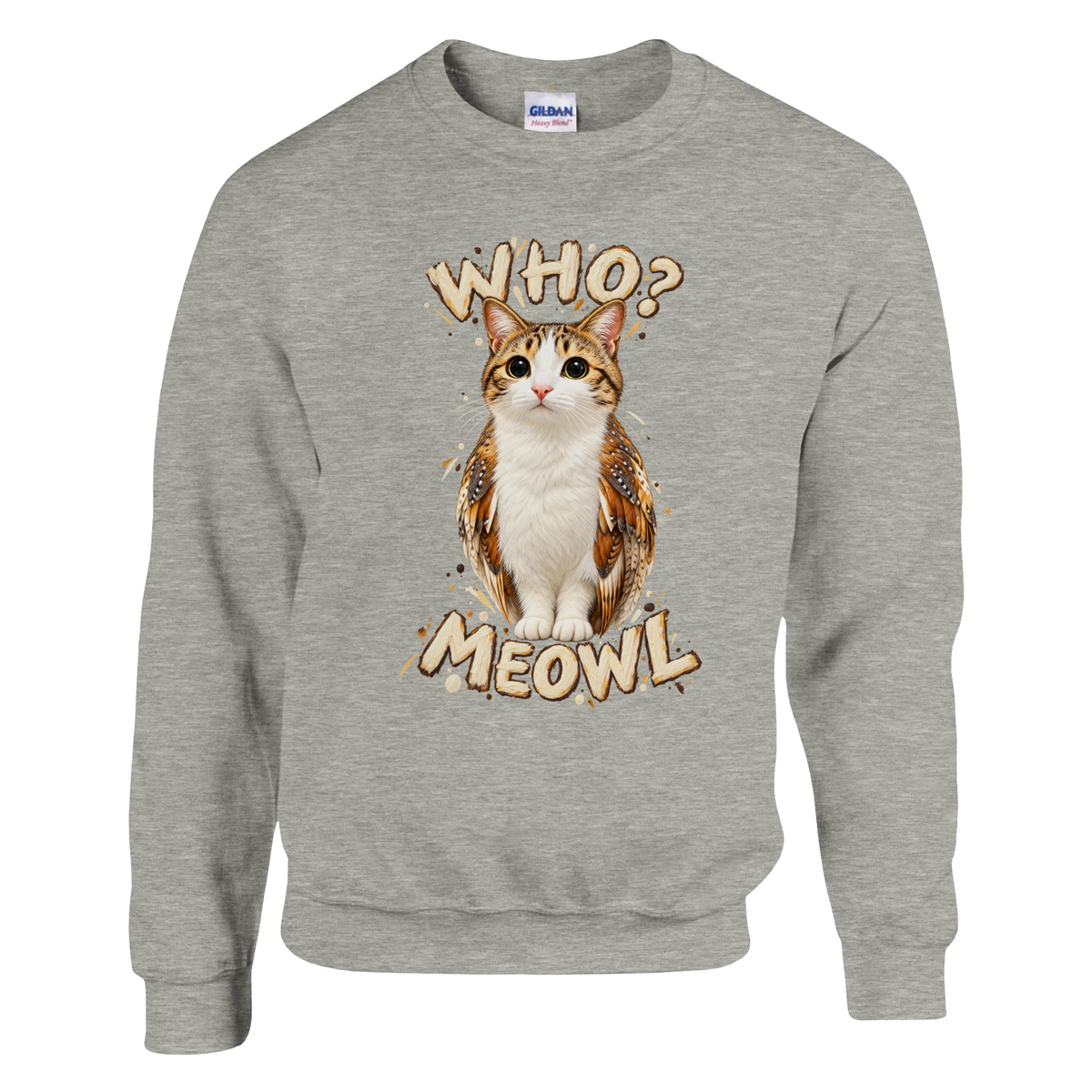 Meowl print on an ash grey crewneck sweatshirt, front view