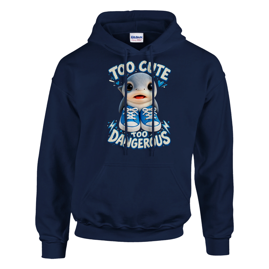 Los Tralaleritos print on a navy pullover hoodie, front view