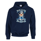 Los Tralaleritos print on a navy pullover hoodie, front view